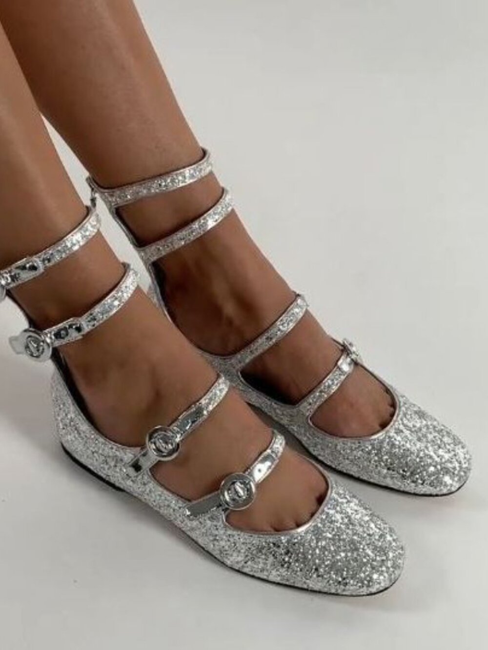 Larroude Alexa Ballet Flats Size 5.5 Silver Glitter Buckled Strappy NEW $330